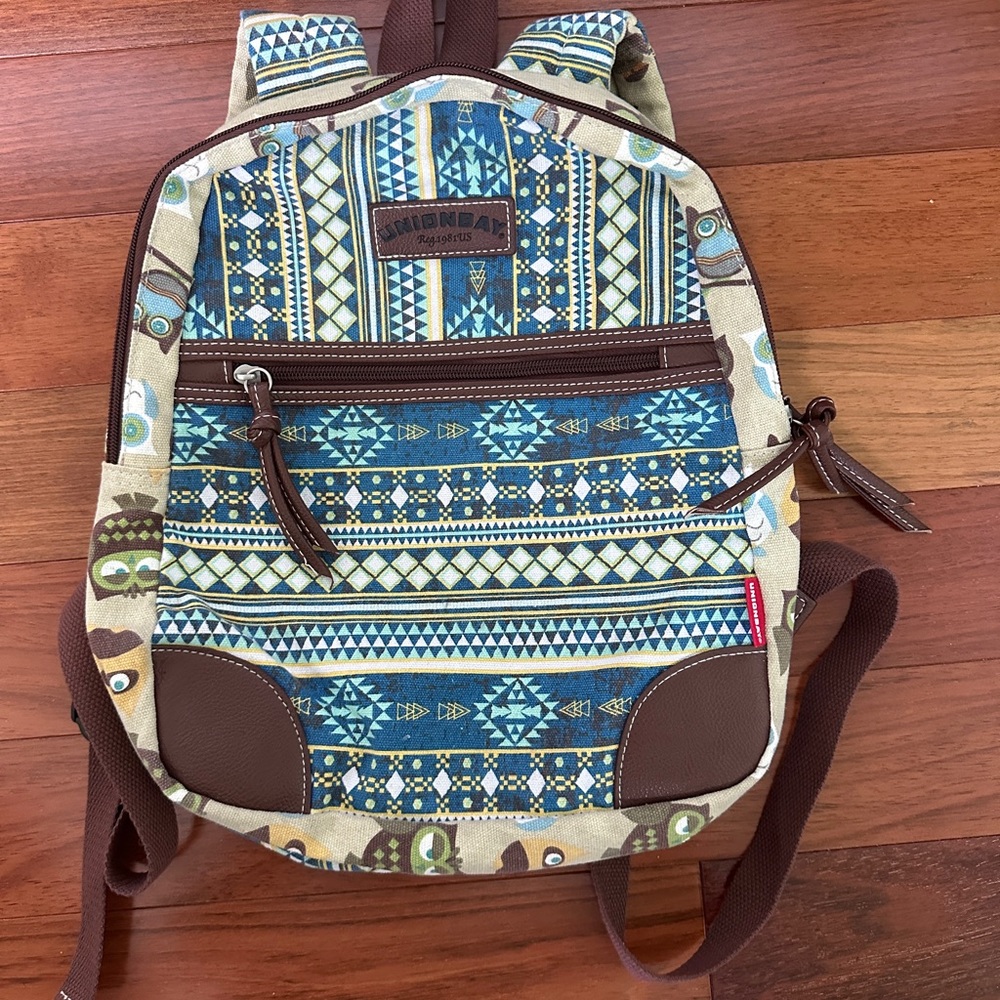 Brown and Blue Patterned Reversible Backpack